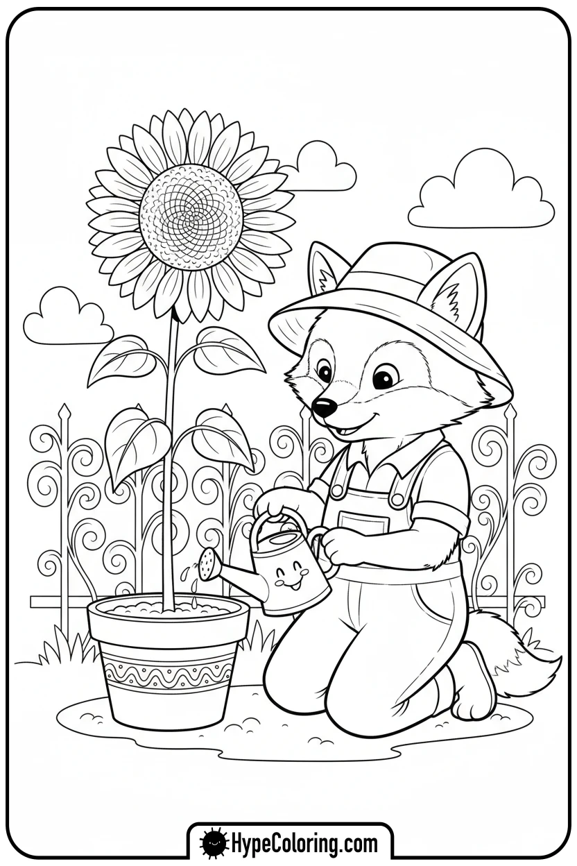 character-watering-a-sunflower - bold and easy coloring pages