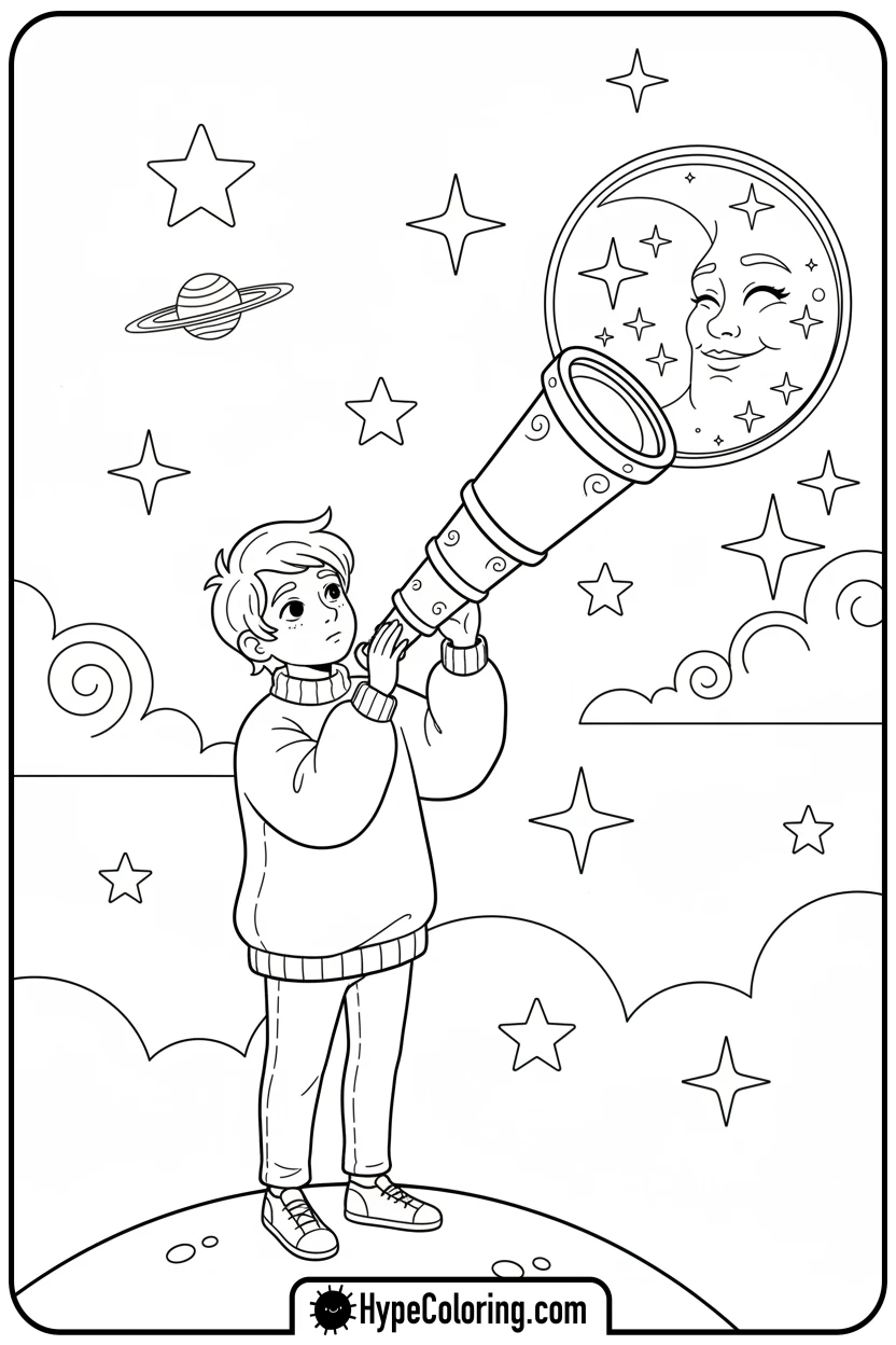 character-looking-through-telescope - bold and easy coloring pages