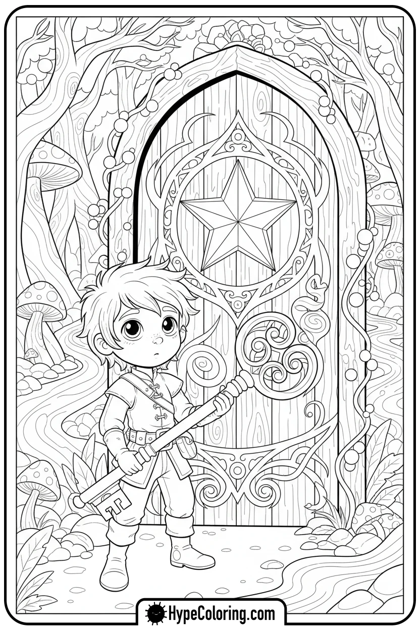 character-with-key-and-star-door - bold and easy coloring pages