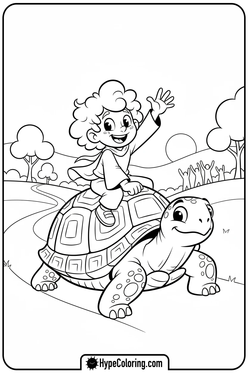 character-riding-tortoise - bold and easy coloring pages