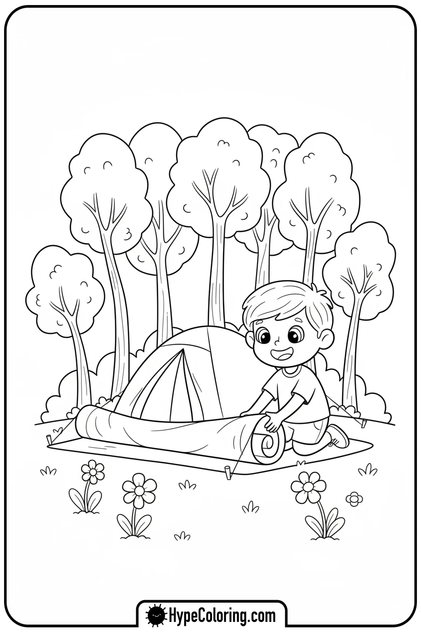 child-setting-up-a-tent - camping coloring pages