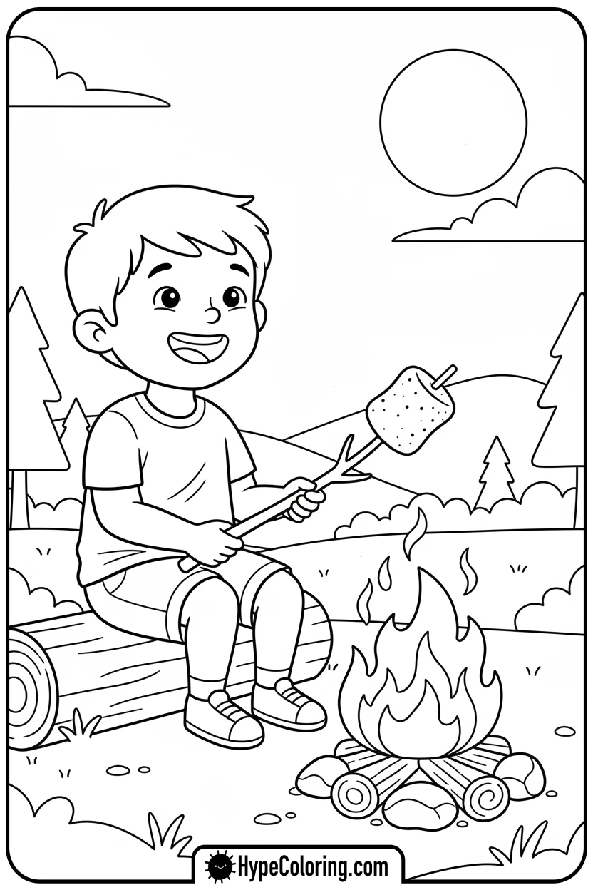 child-roasting-marshmallow - camping coloring pages