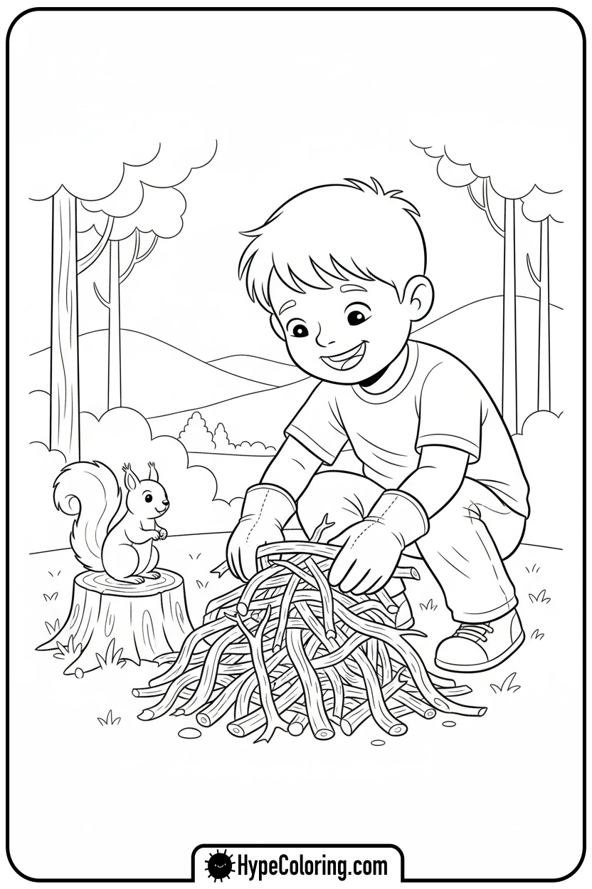 child-collecting-firewood - camping coloring pages