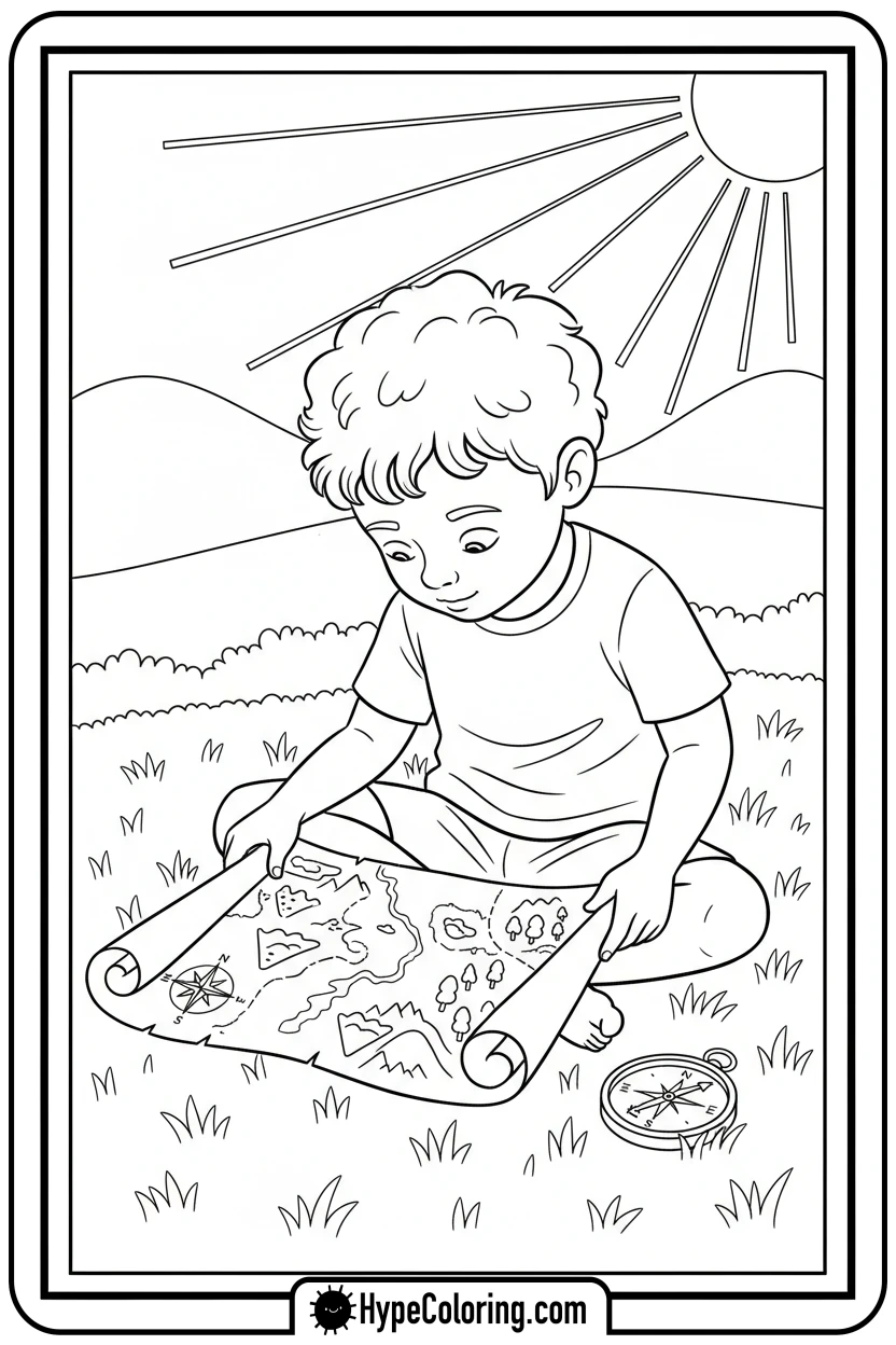 child-reading-a-map - camping coloring pages