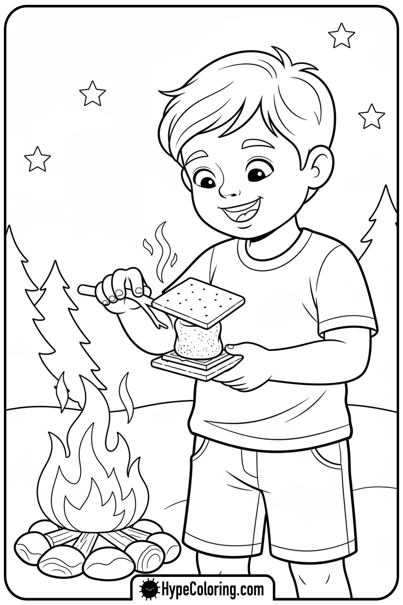 child-making-s-mores - camping coloring pages