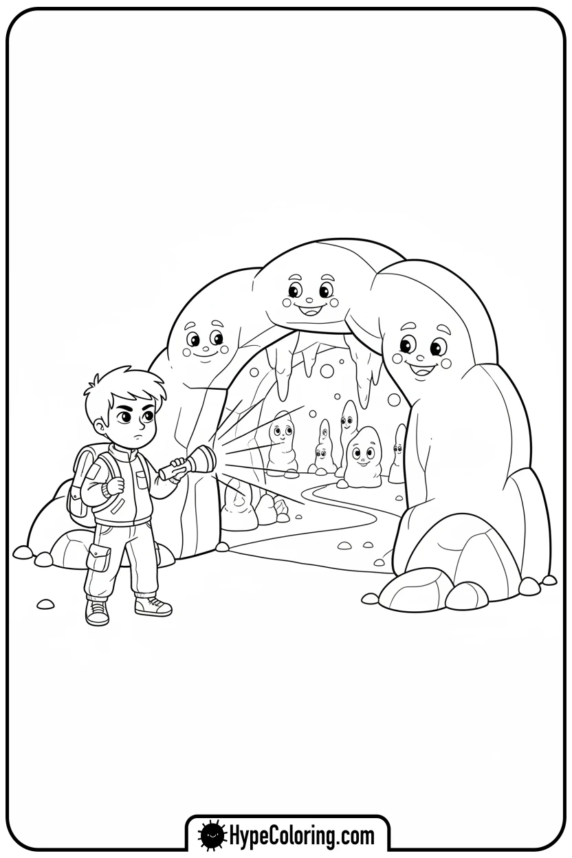 child-exploring-a-cave - camping coloring pages