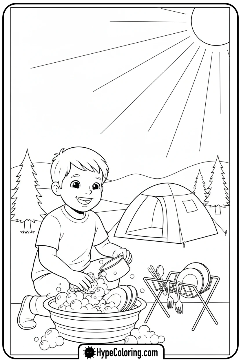 child-washing-camping-dishes - camping coloring pages