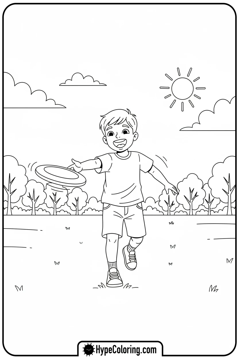 child-playing-frisbee - camping coloring pages