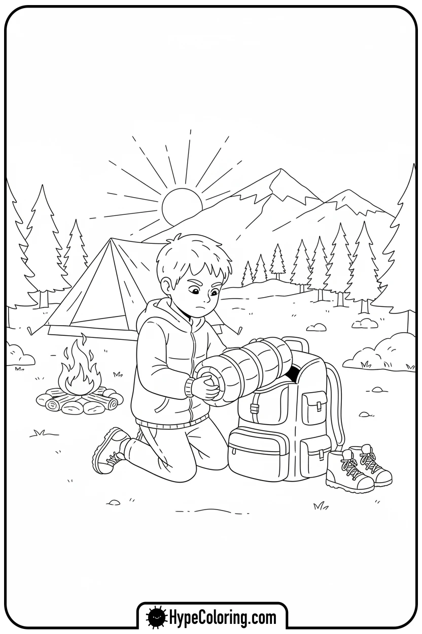 child-packing-up-campsite - camping coloring pages