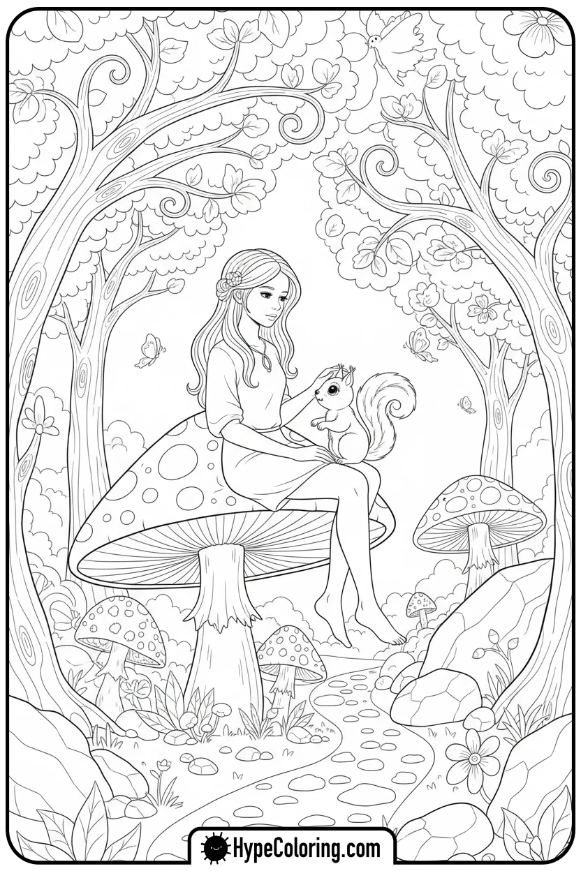 girl-petting-squirrel - girl coloring pages