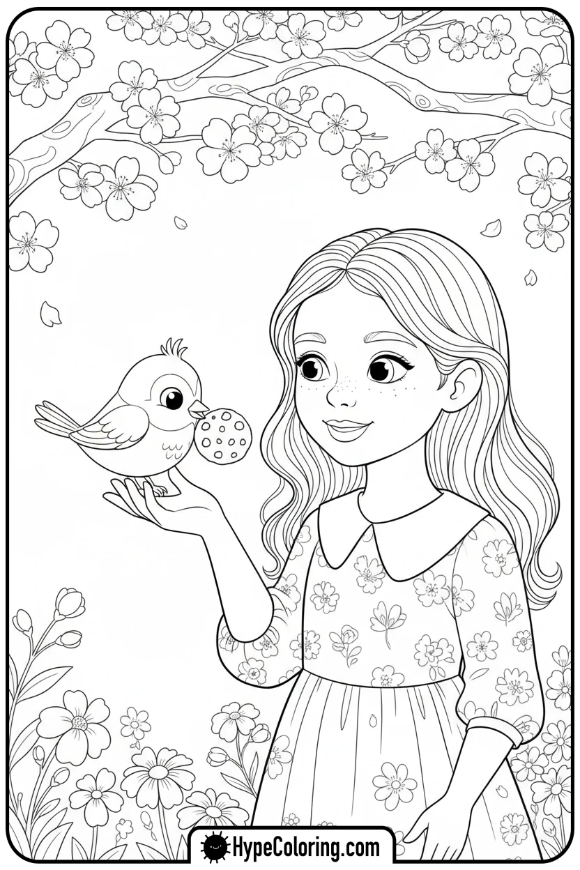 girl-sharing-with-bird - girl coloring pages