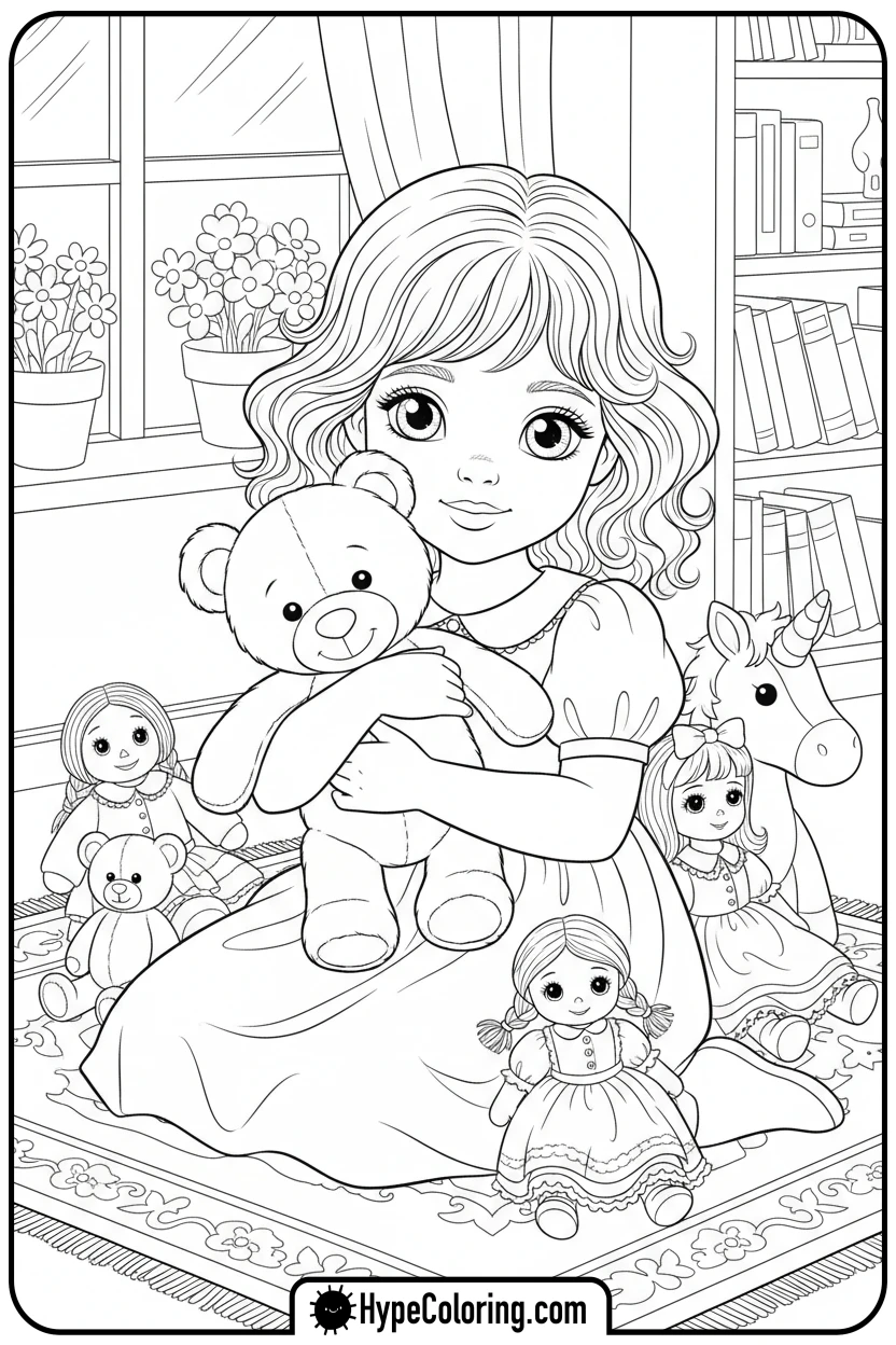 girl-hugging-teddy-bear - girl coloring pages