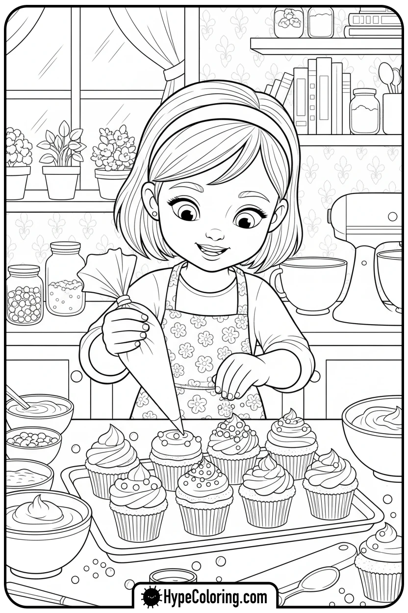 girl-decorating-cupcakes - girl coloring pages