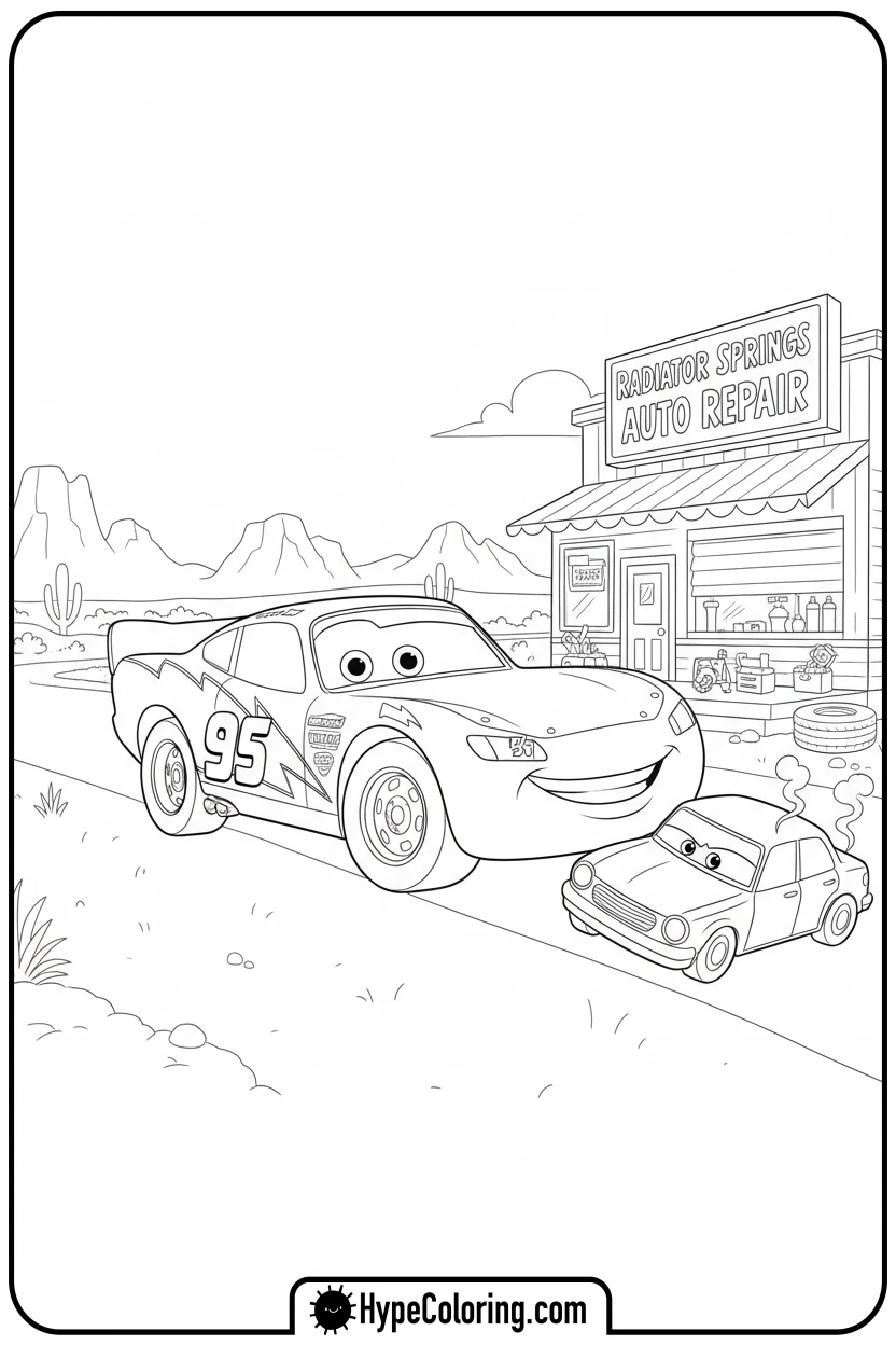lightning-mcqueen-helping-car - cars lightning mcqueen coloring pages