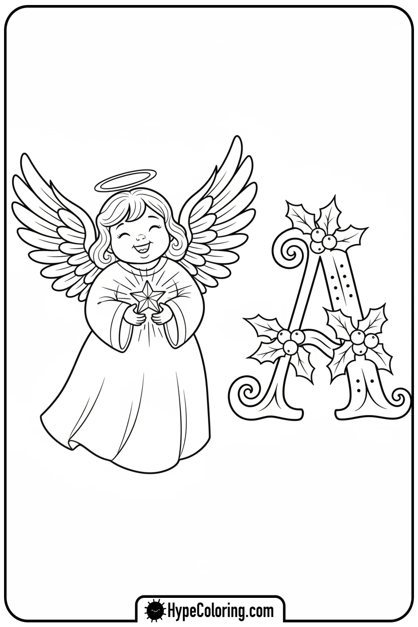angel-with-star-next-to-letter-a - Christmas alphabet coloring pages