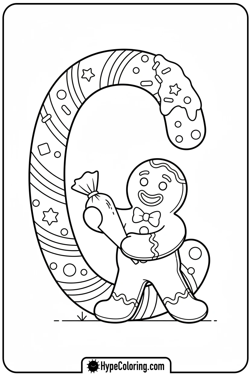 gingerbread-man-decorates-candy-cane-c - Christmas alphabet coloring pages