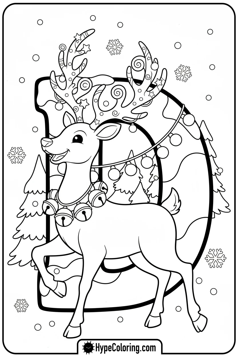reindeer-with-bells-next-to-letter-d - Christmas alphabet coloring pages