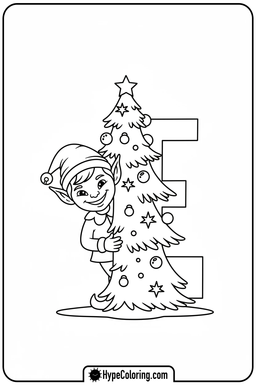 elf-peeking-from-evergreen-tree-e - Christmas alphabet coloring pages