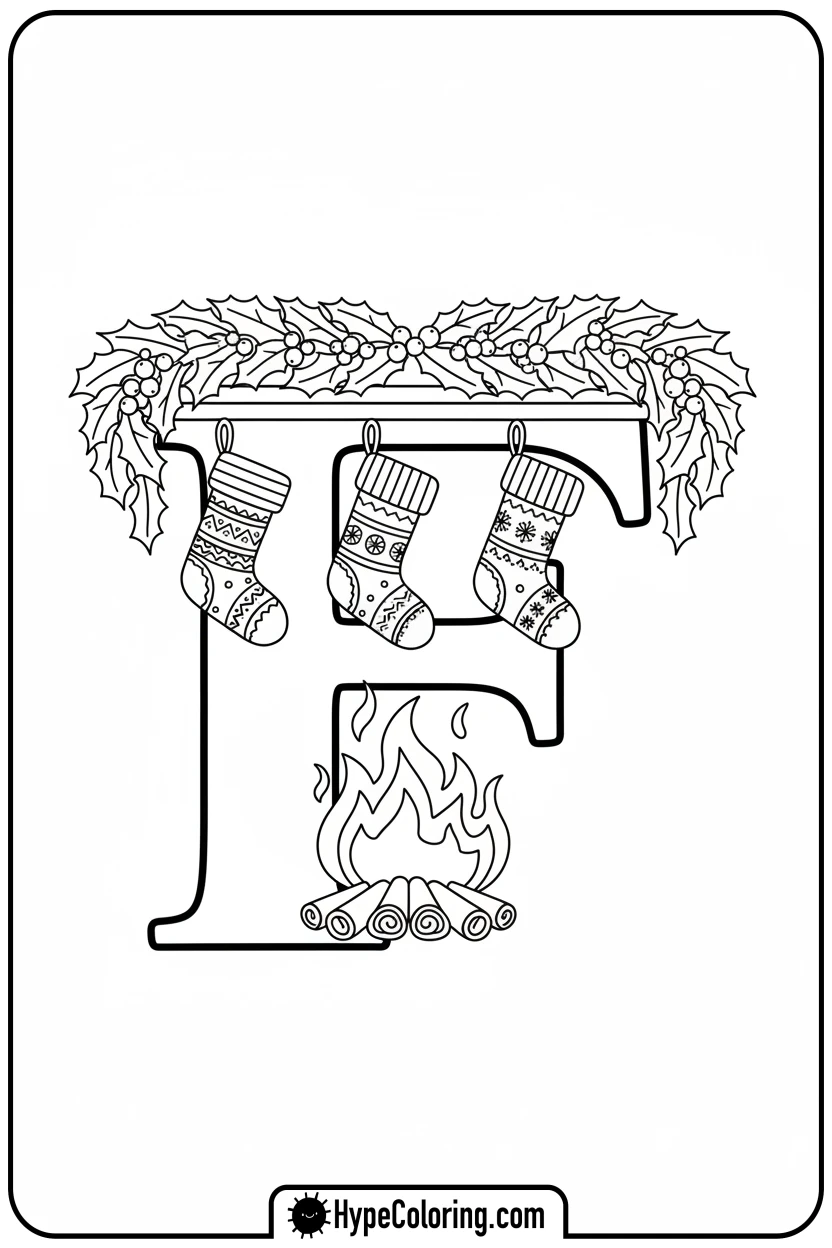 fireplace-with-stockings-and-letter-f - Christmas alphabet coloring pages