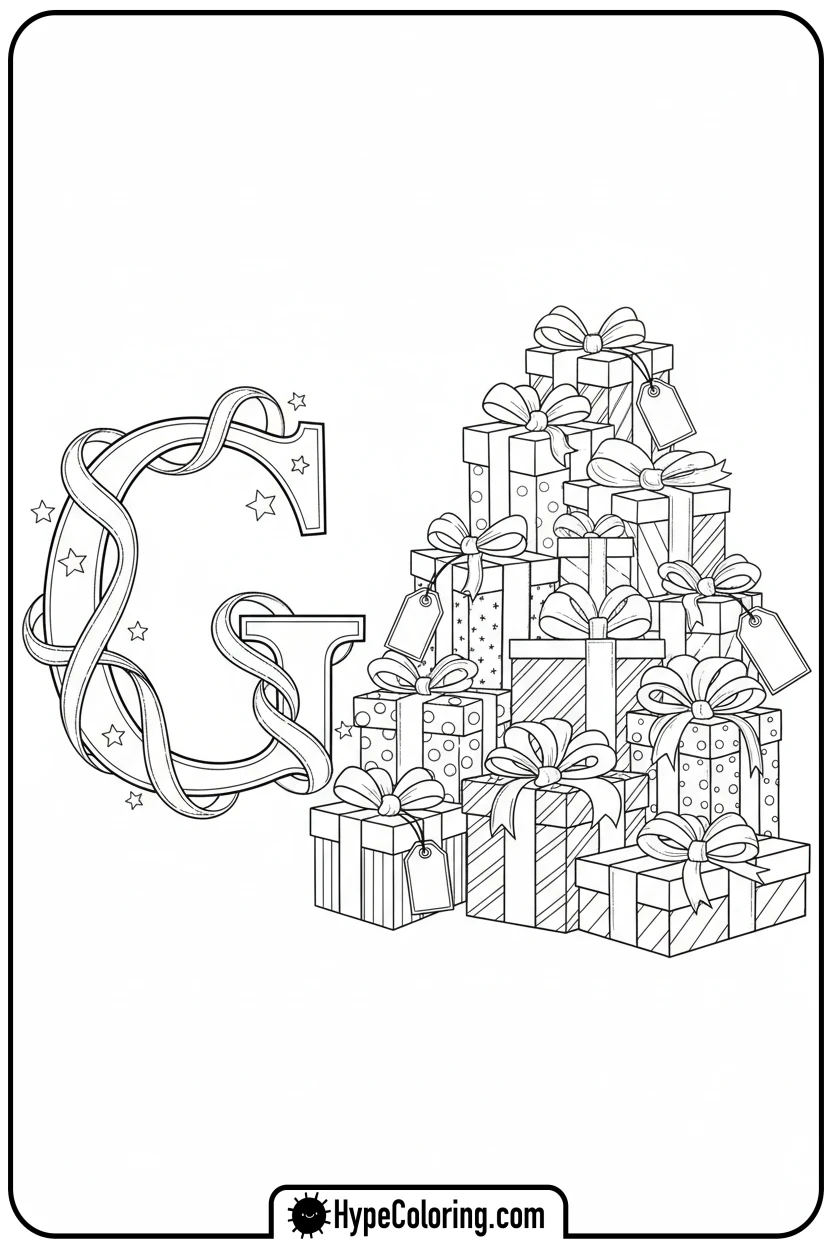 stack-of-gifts-next-to-ribbon-letter-g - Christmas alphabet coloring pages