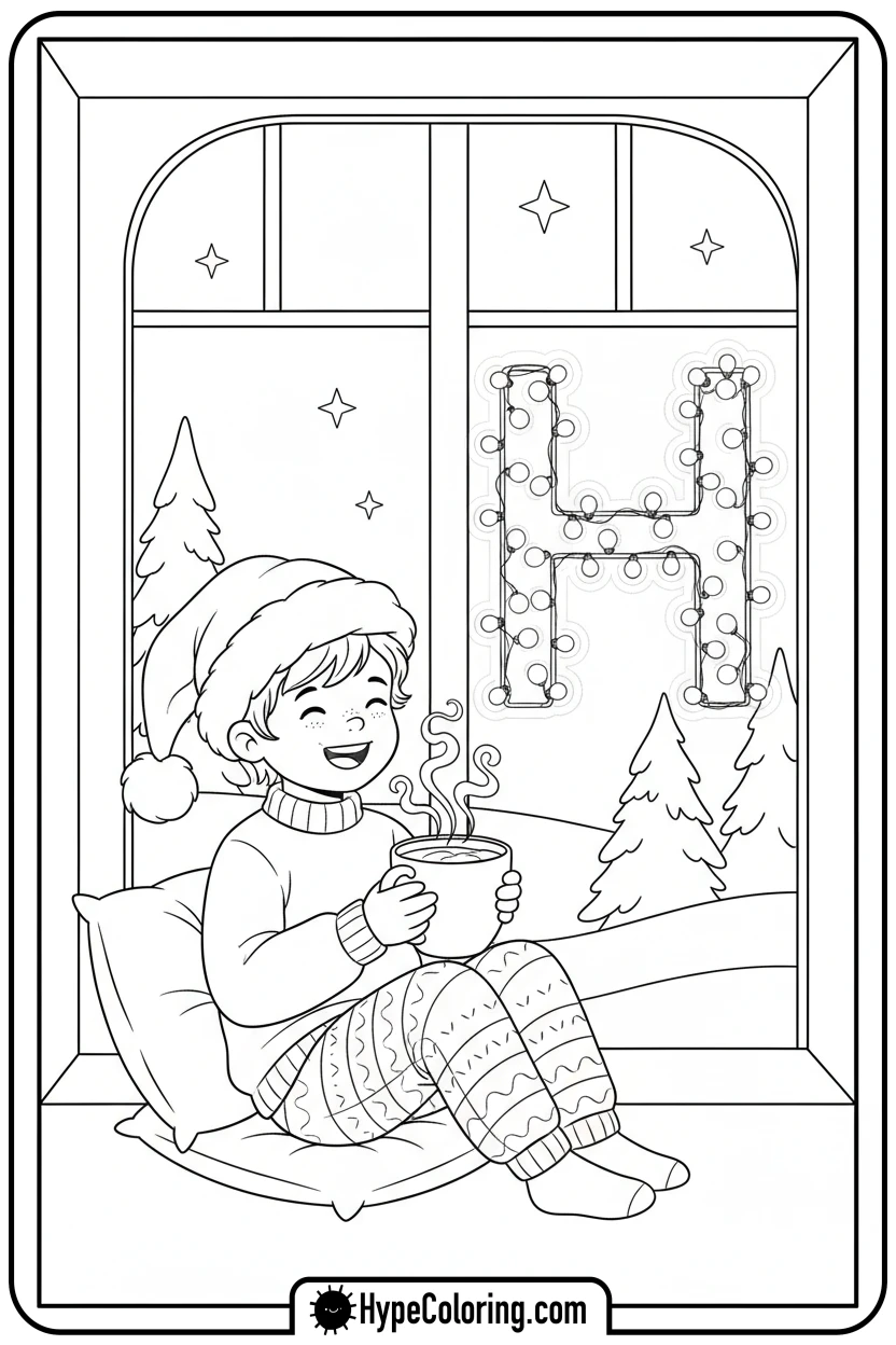 child-with-cocoa-by-window-letter-h - Christmas alphabet coloring pages