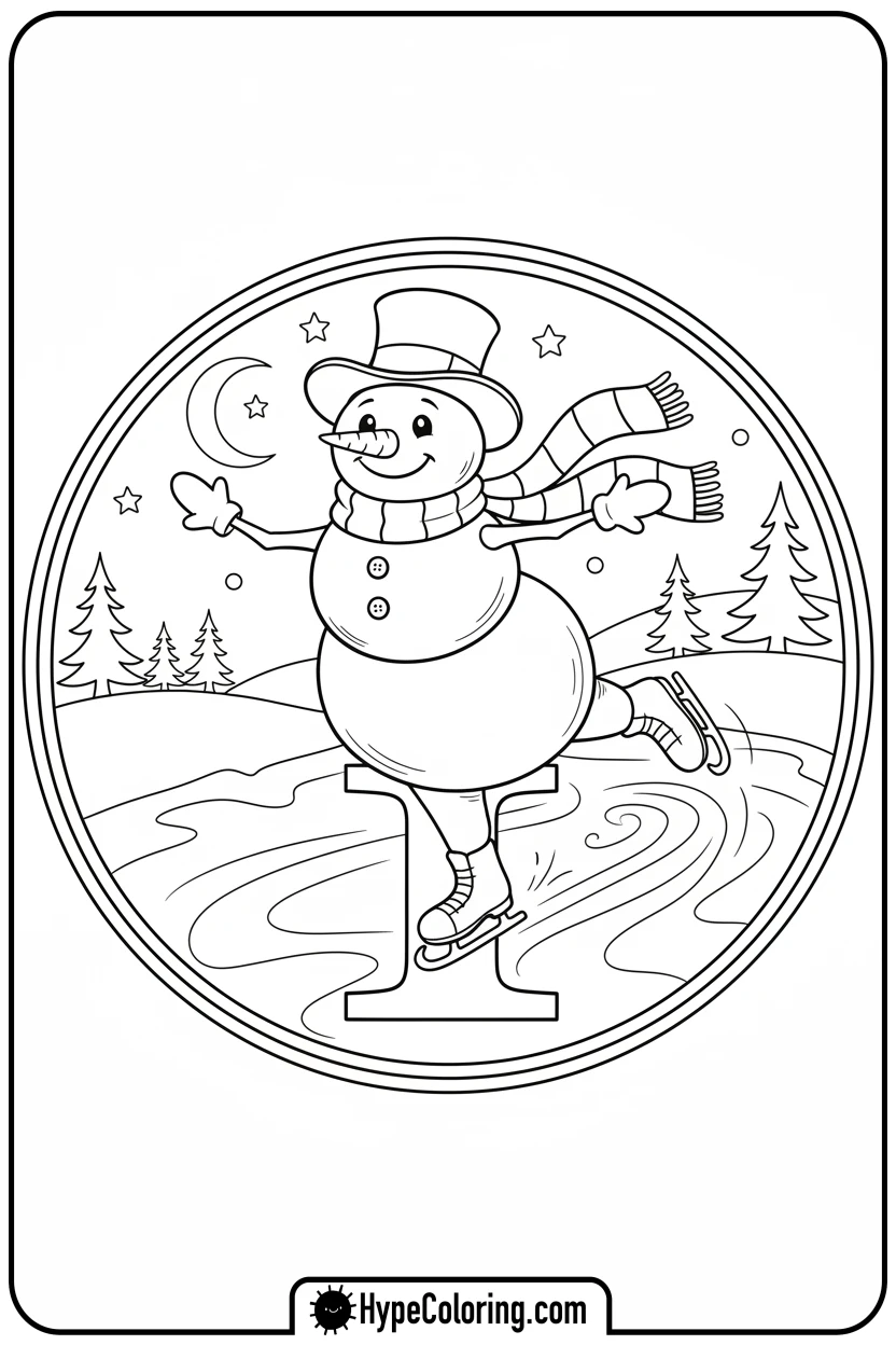 snowman-ice-skating-on-letter-i - Christmas alphabet coloring pages