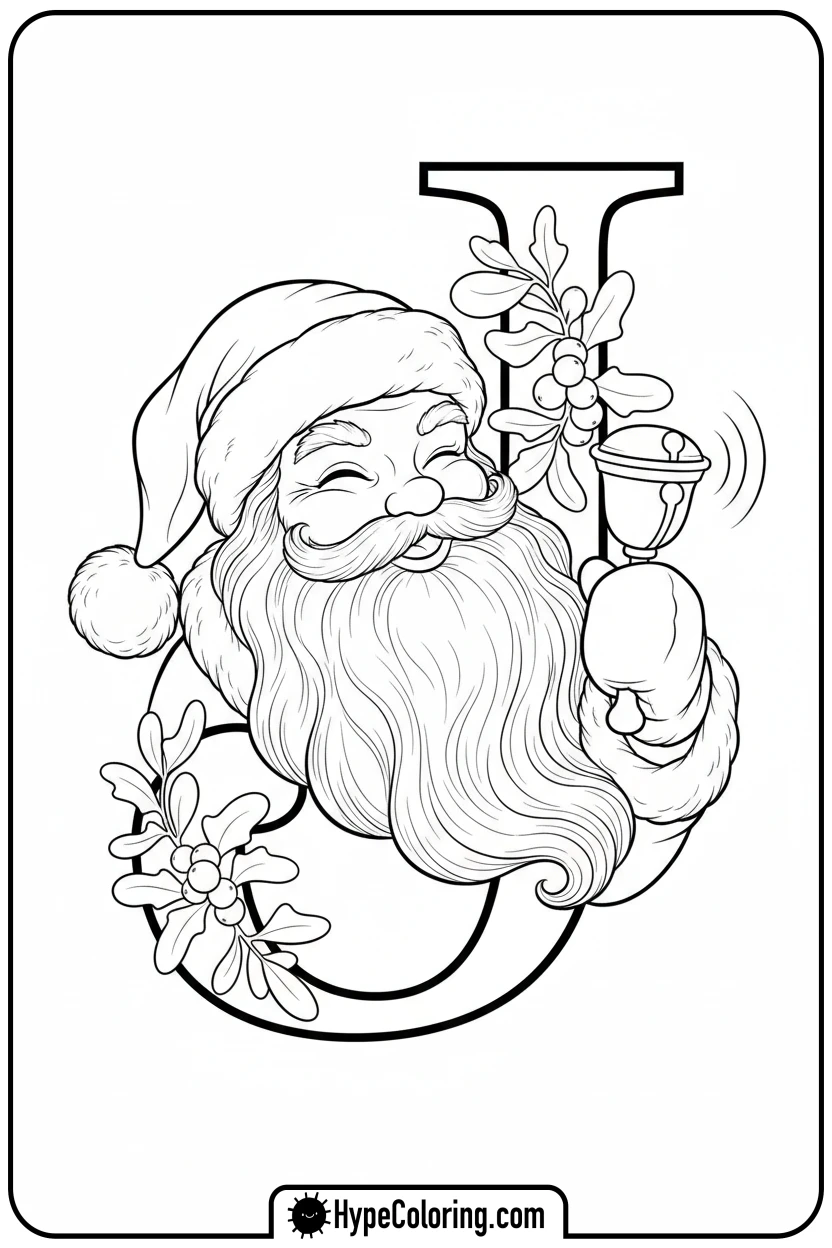 santa-winking-with-jingle-bell-letter-j - Christmas alphabet coloring pages