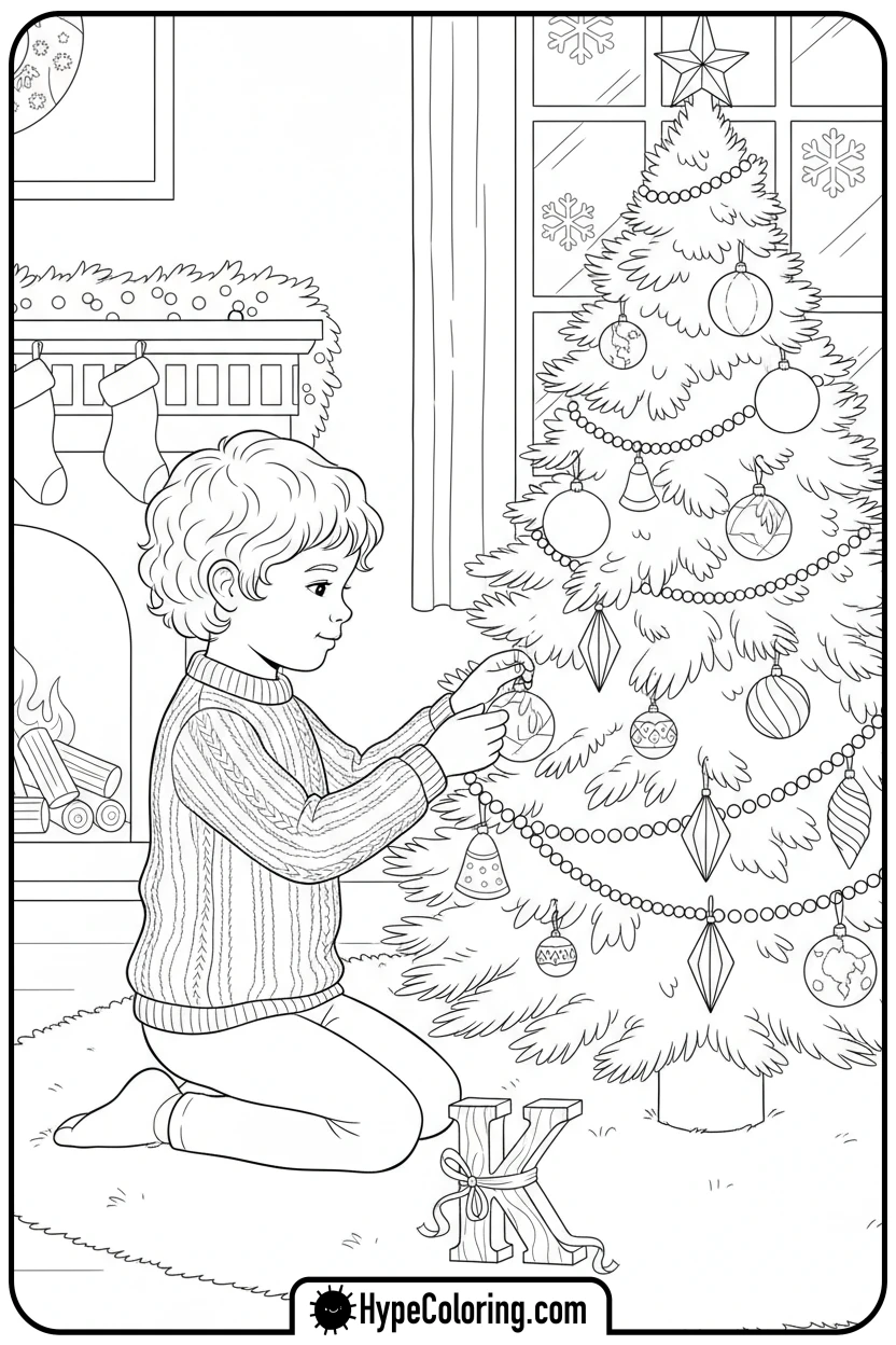child-decorating-tree-near-wooden-k - Christmas alphabet coloring pages