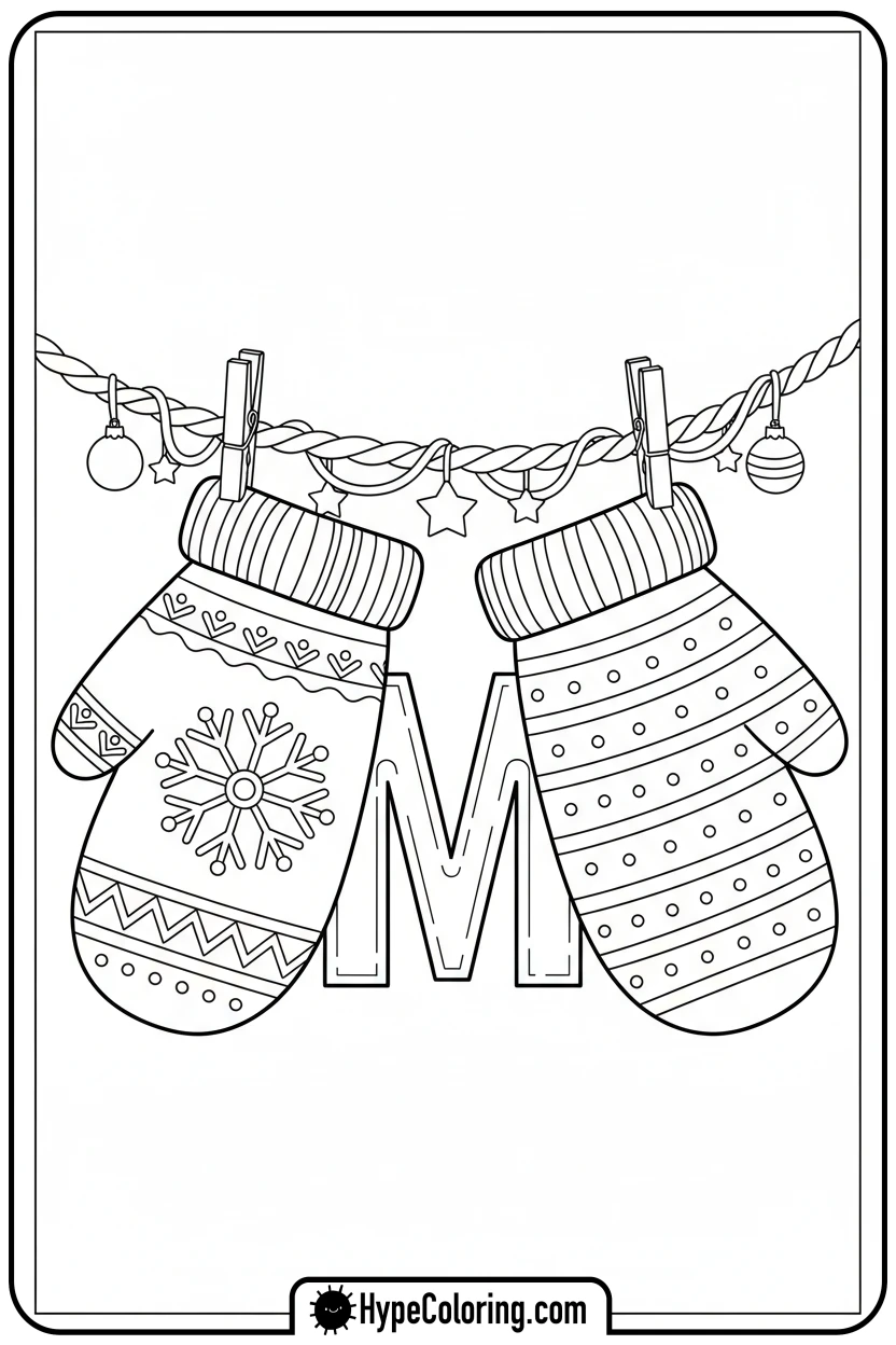 knitted-mittens-on-tinsel-line-m - Christmas alphabet coloring pages