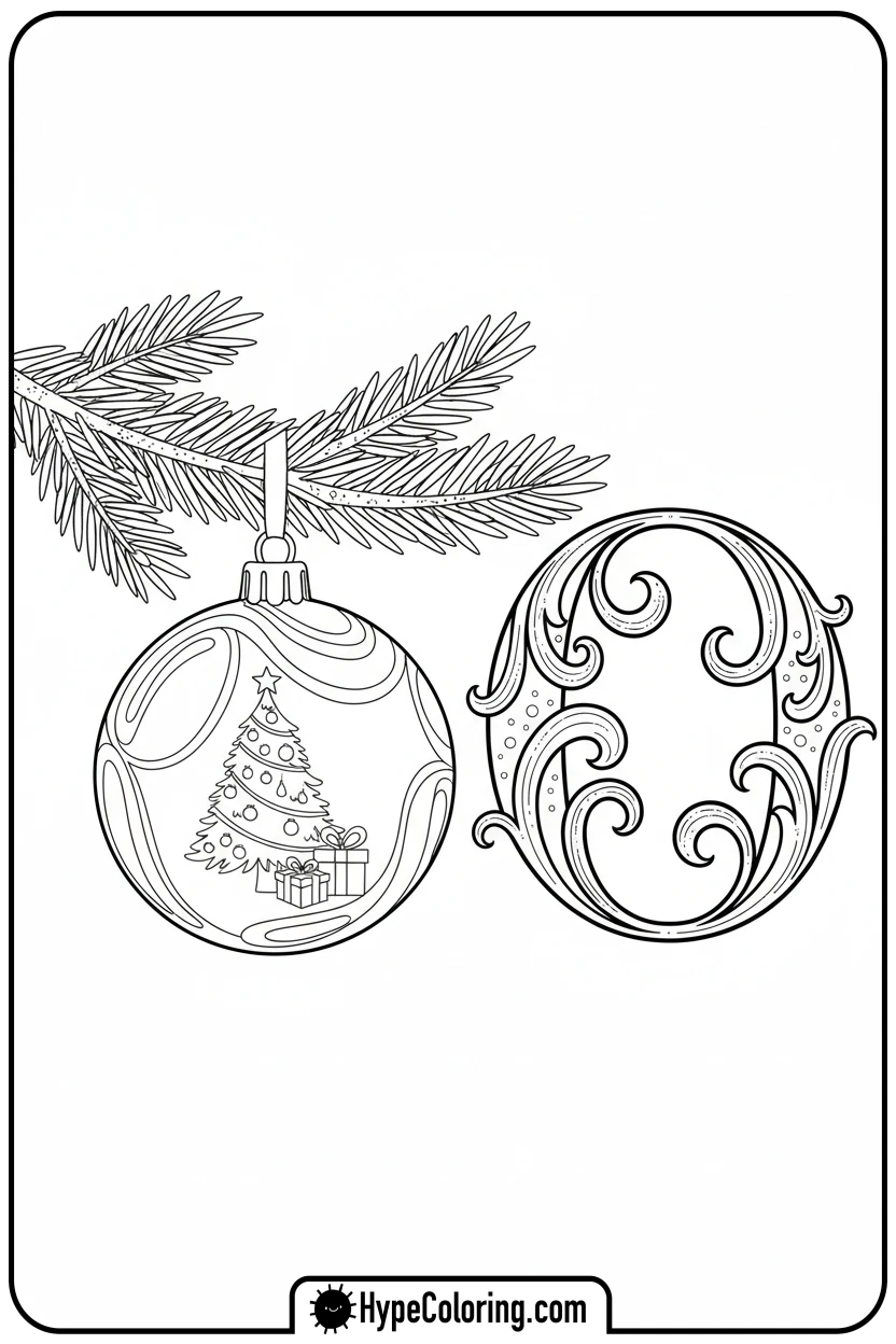ornament-reflecting-scene-next-to-o - Christmas alphabet coloring pages