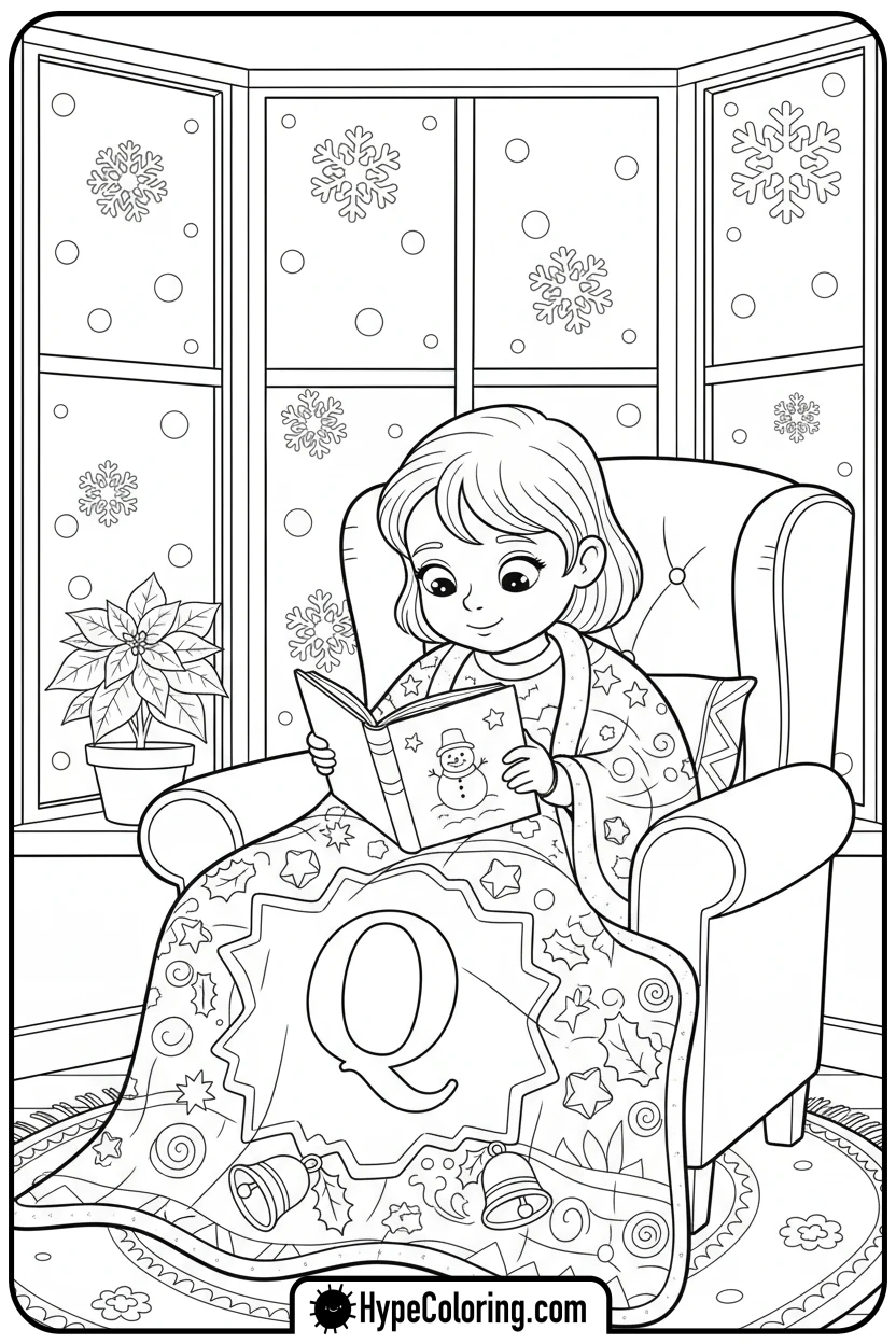 child-in-quilt-reading-by-window-with-q - Christmas alphabet coloring pages