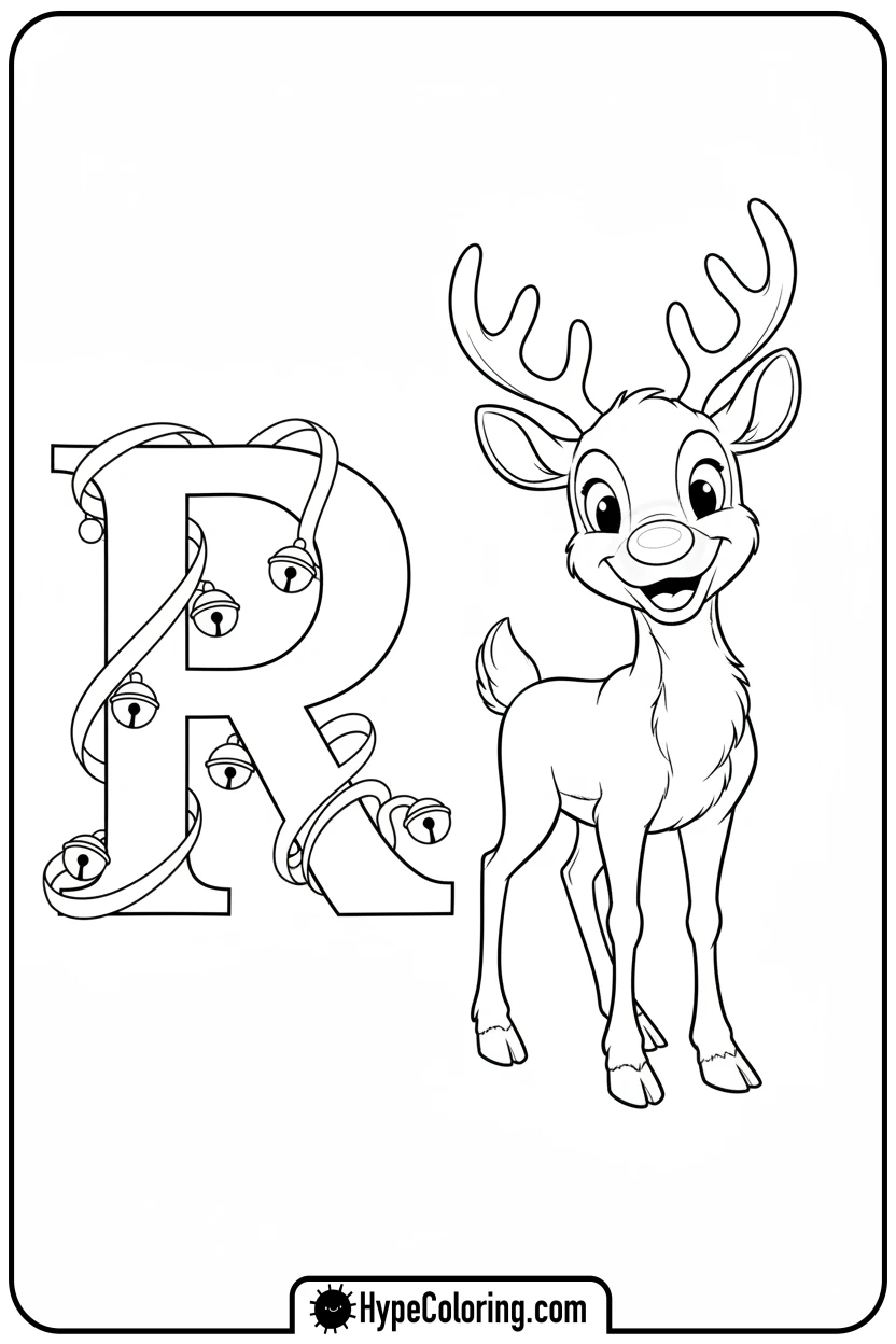 rudolph-next-to-decorative-r - Christmas alphabet coloring pages