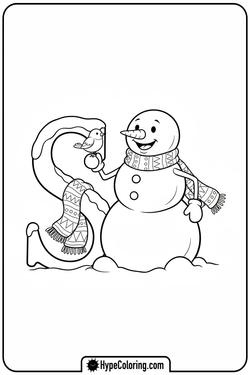 snowman-holding-bird-by-snow-covered-s - Christmas alphabet coloring pages