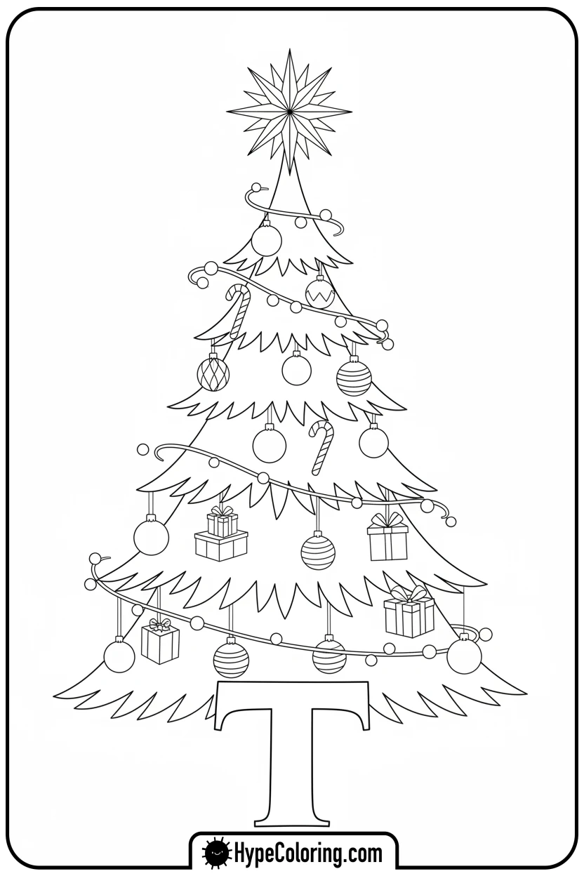 decorated-christmas-tree-forming-t - Christmas alphabet coloring pages