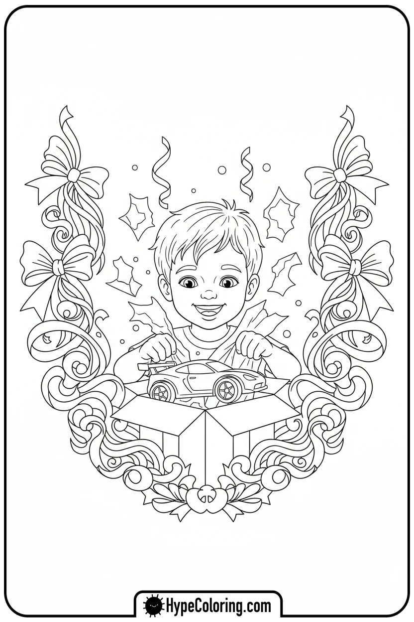 child-unwrapping-present-in-ribbon-u - Christmas alphabet coloring pages