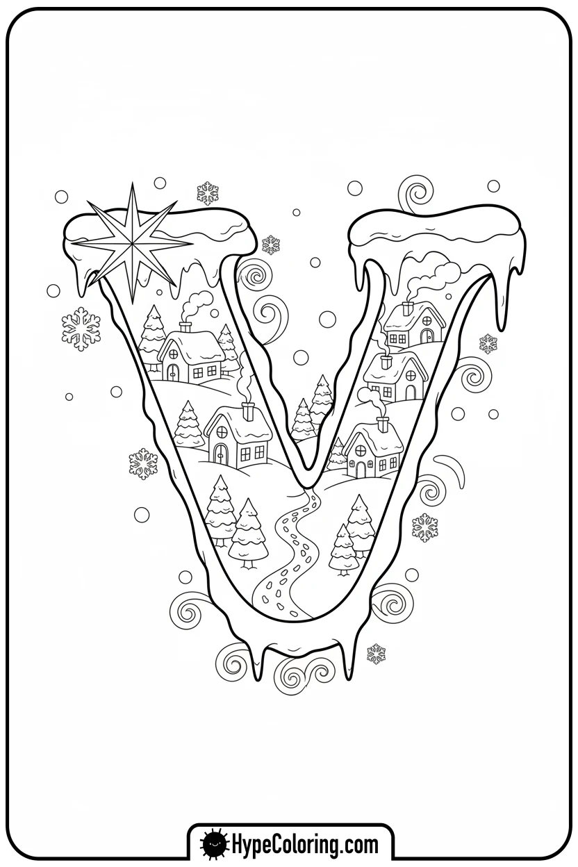 snowy-village-within-frosted-letter-v - Christmas alphabet coloring pages