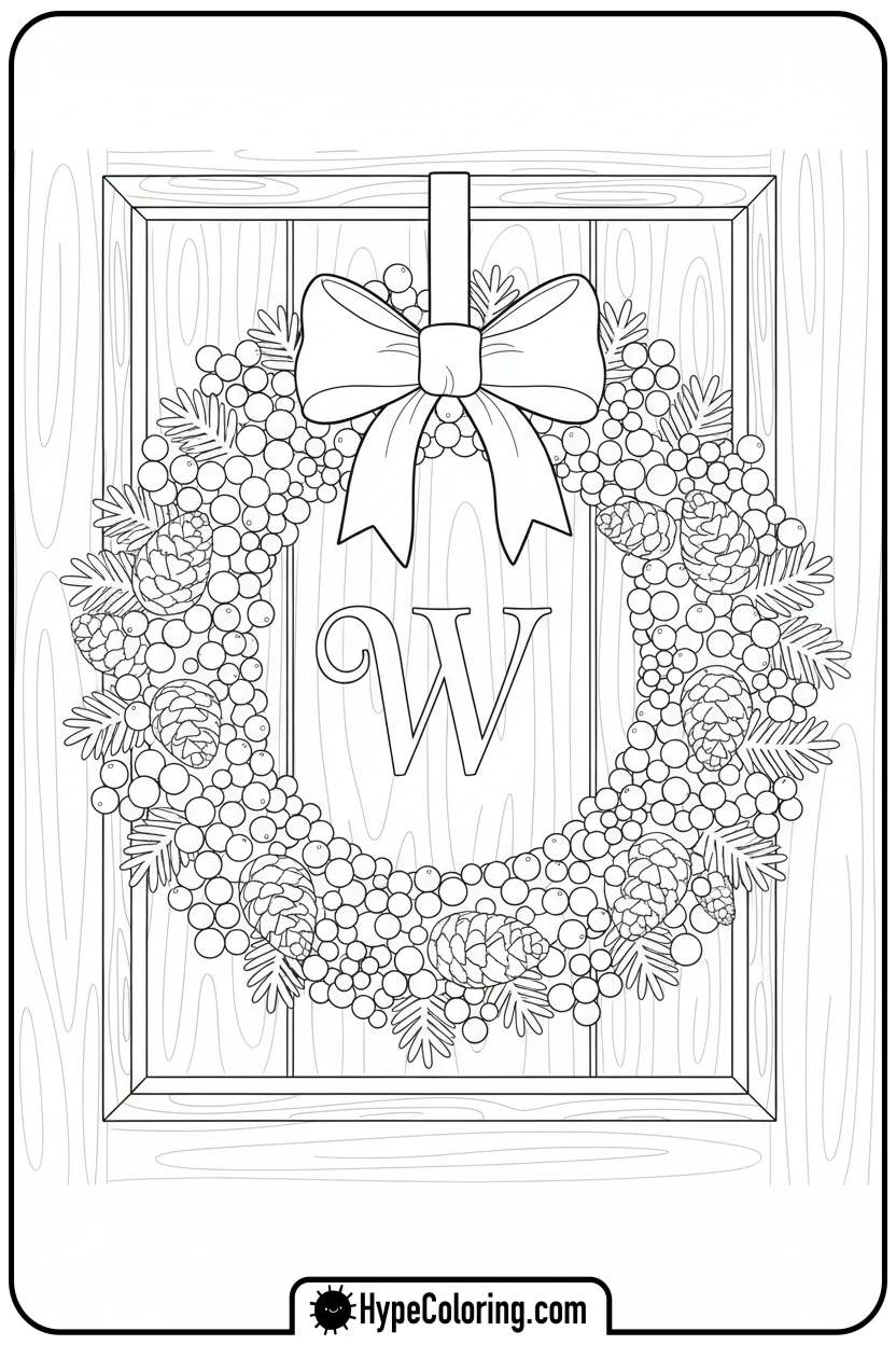 christmas-wreath-on-door-with-w - Christmas alphabet coloring pages