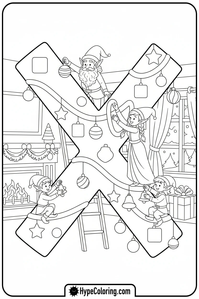 elves-decorating-x-shaped-christmas-tree - Christmas alphabet coloring pages