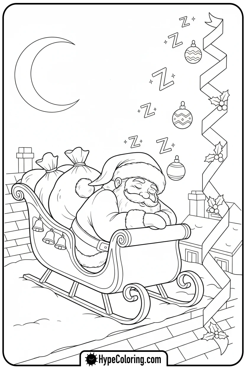 sleepy-santa-in-sleigh-with-z-s-and-zigzag-ribbon - Christmas alphabet coloring pages