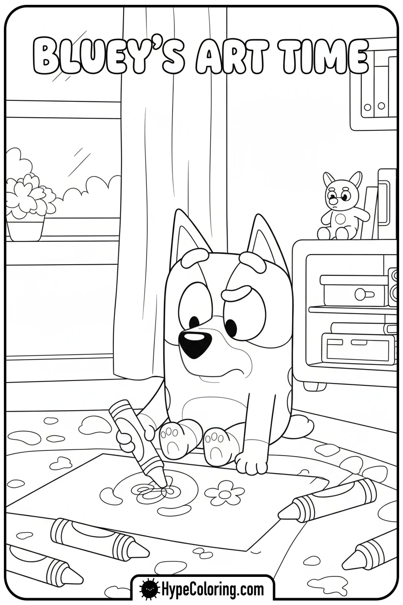 bluey-drawing-with-crayons - bluey coloring page