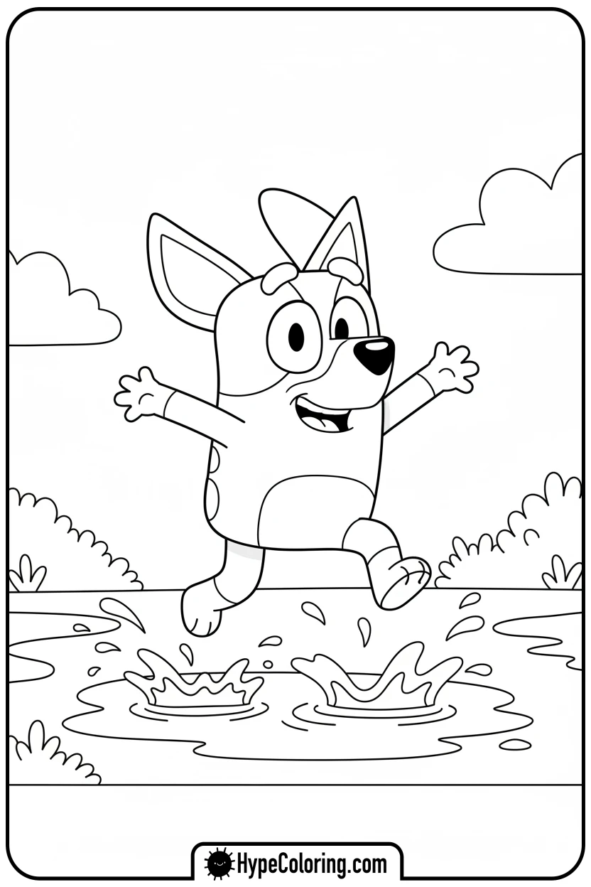 bluey-splashing-in-puddle - bluey coloring page