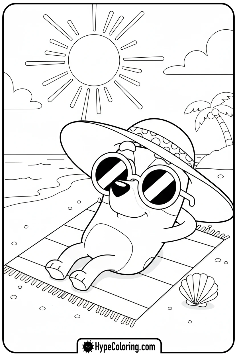 bluey-relaxing-on-beach - bluey coloring page