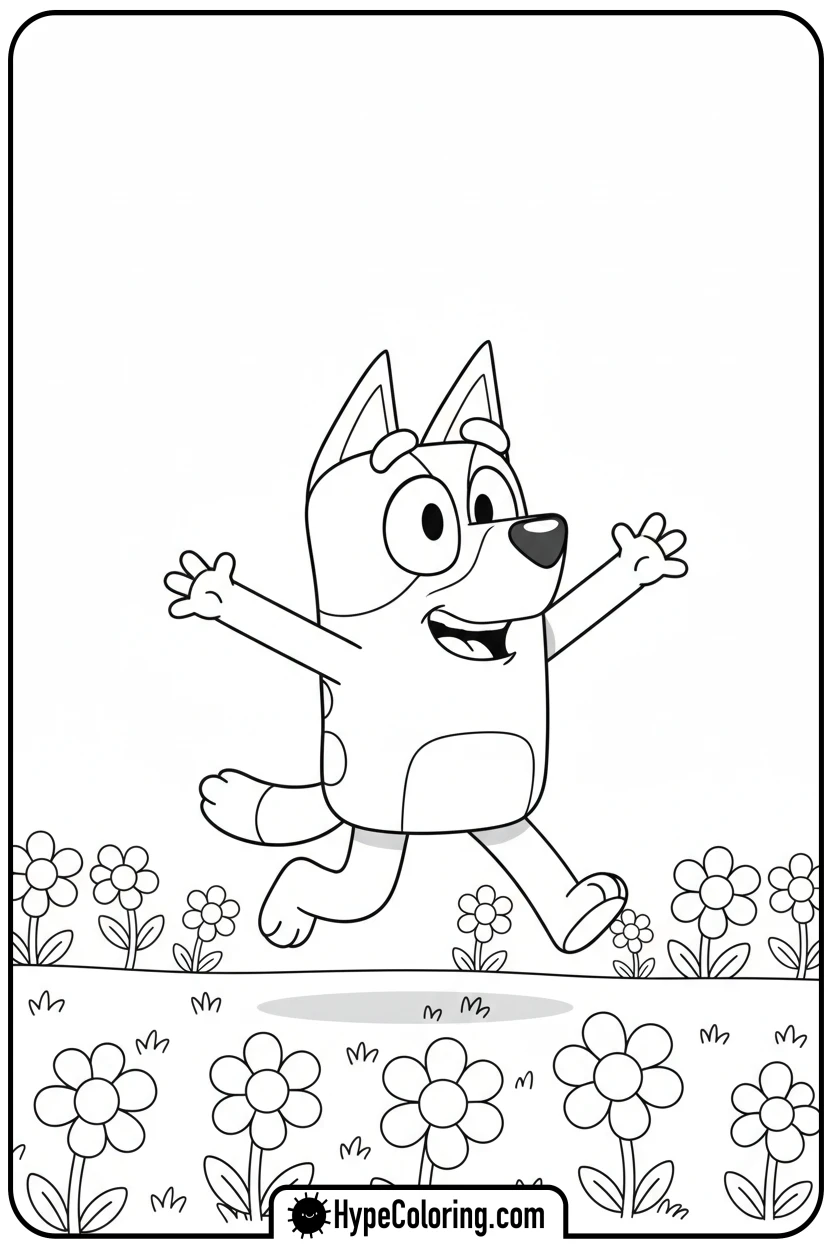 bluey-running-through-flowers - bluey coloring page