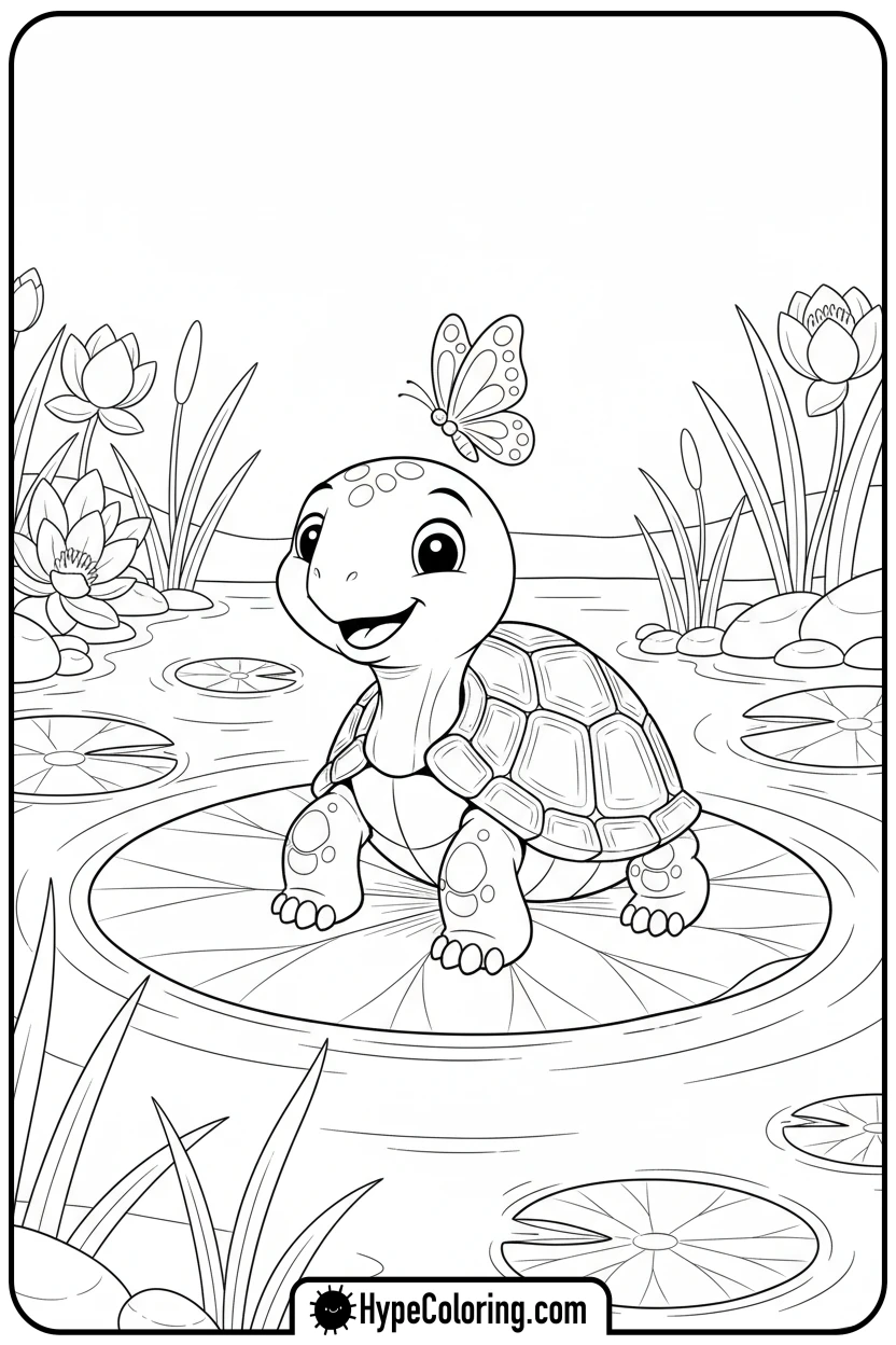 turtle-on-lily-pad-with-butterfly - turtle coloring pages​