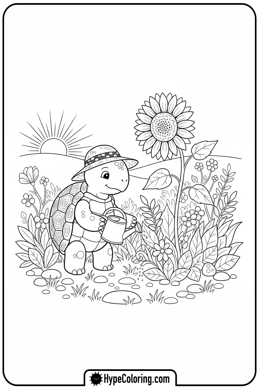 turtle-watering-flower - turtle coloring pages​