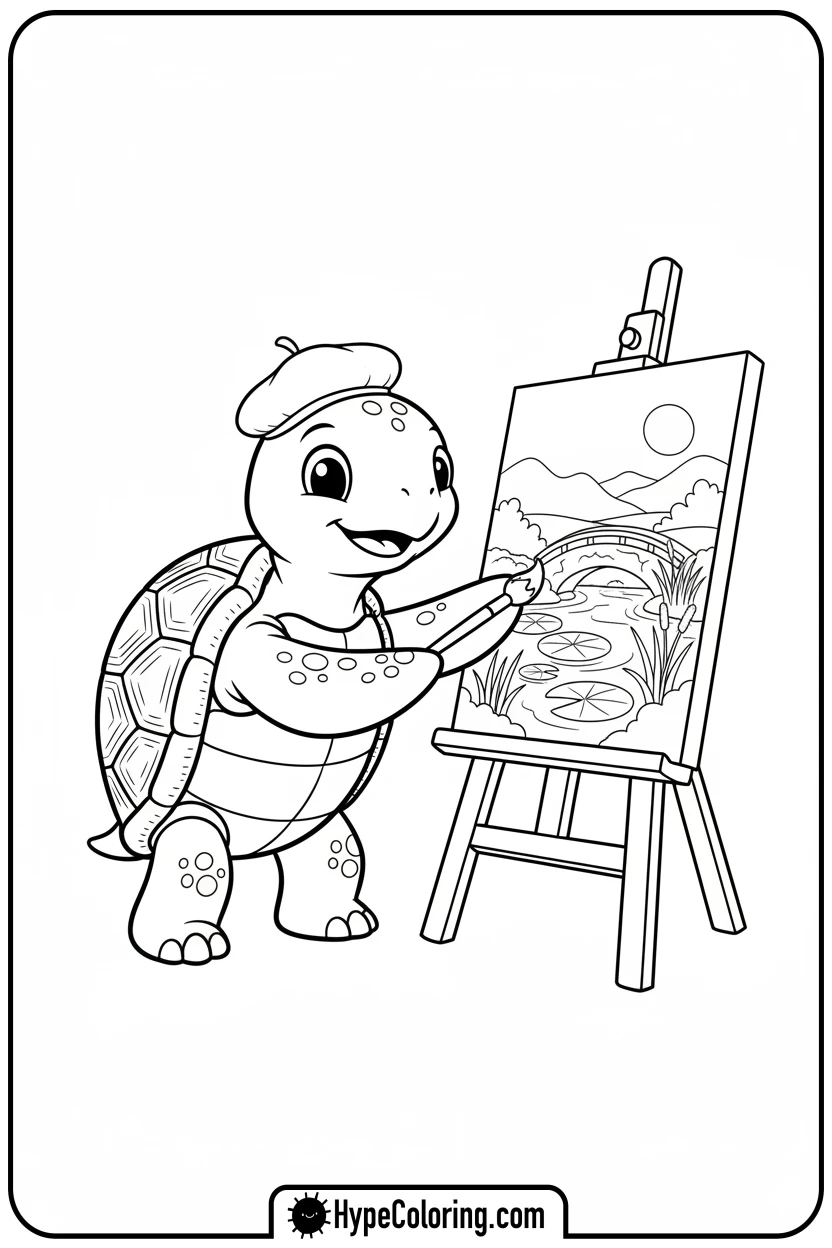 turtle-painting-a-landscape - turtle coloring pages​