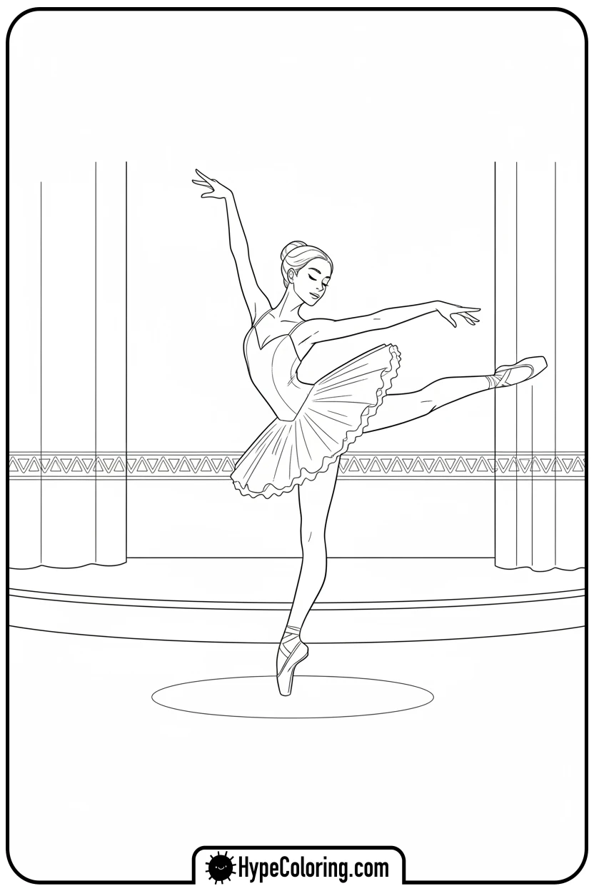 ballerina-in-arabesque-on-stage - ballerina coloring pages​