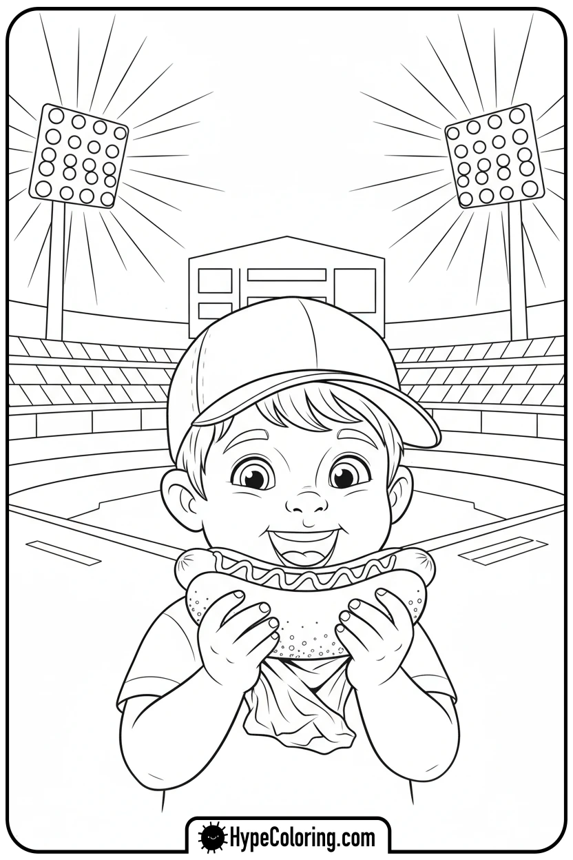 child-eating-hot-dog-at-game - baseball coloring pages