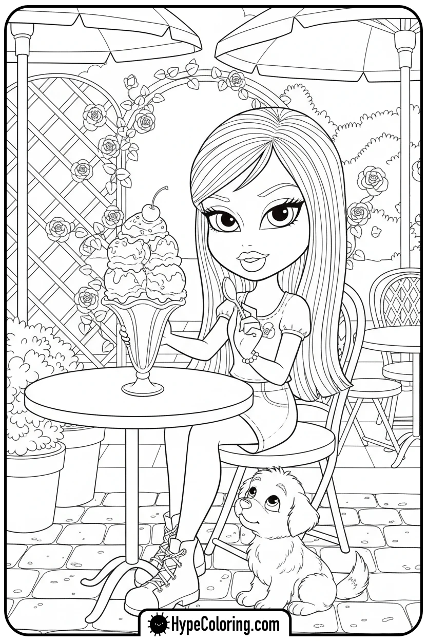 bratz-character-eating-ice-cream-with-a-puppy - bratz coloring pages