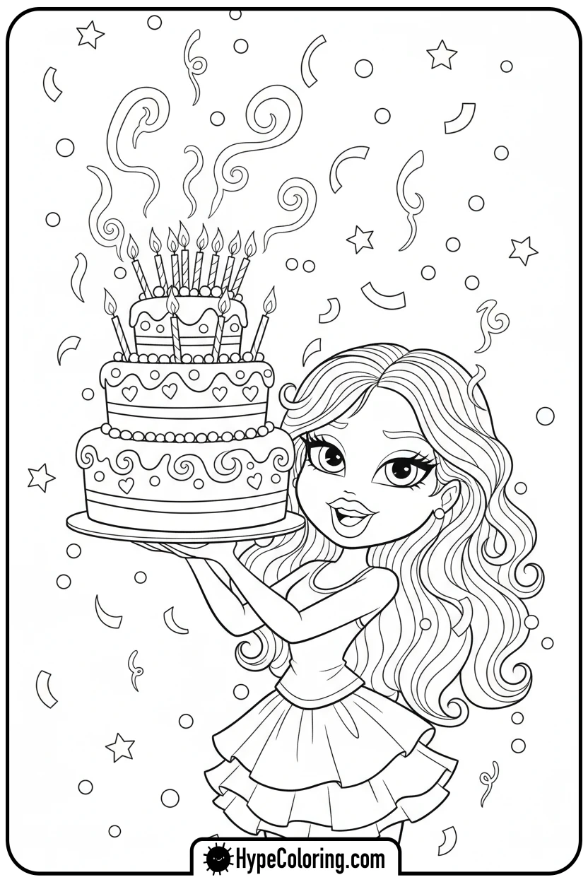 bratz-character-holding-a-birthday-cake - bratz coloring pages